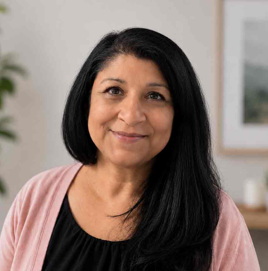 Portrait of a woman with long black hair smiling indoors at Equana Minds.