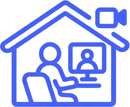 Online therapy session with a therapist and client via video call at home.